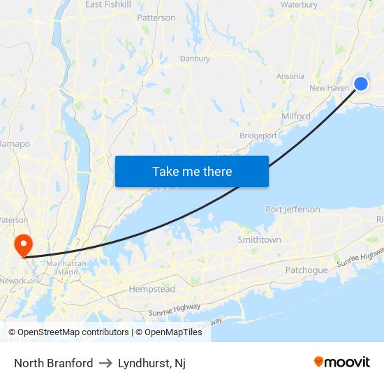 North Branford to Lyndhurst, Nj map