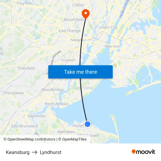 Keansburg to Lyndhurst map