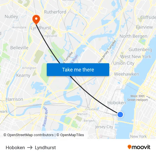 Hoboken to Lyndhurst map