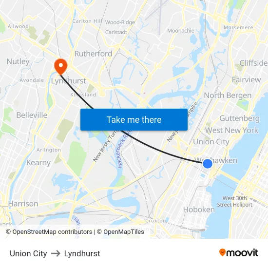 Union City to Lyndhurst map