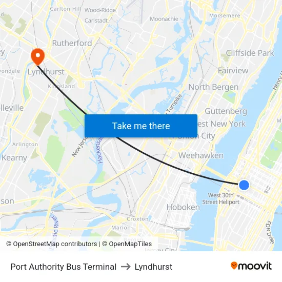 Port Authority Bus Terminal to Lyndhurst map