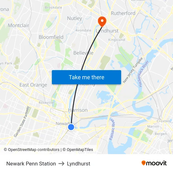 Newark Penn Station to Lyndhurst map