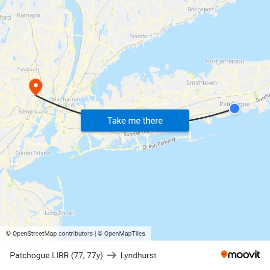 Patchogue LIRR (77, 77y) to Lyndhurst map
