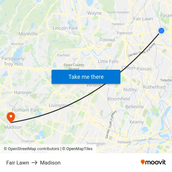 Fair Lawn to Madison map