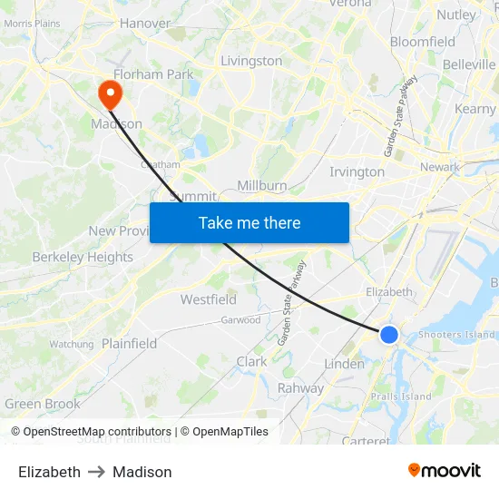 Elizabeth to Madison map