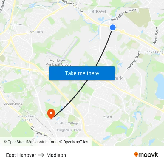 East Hanover to Madison map
