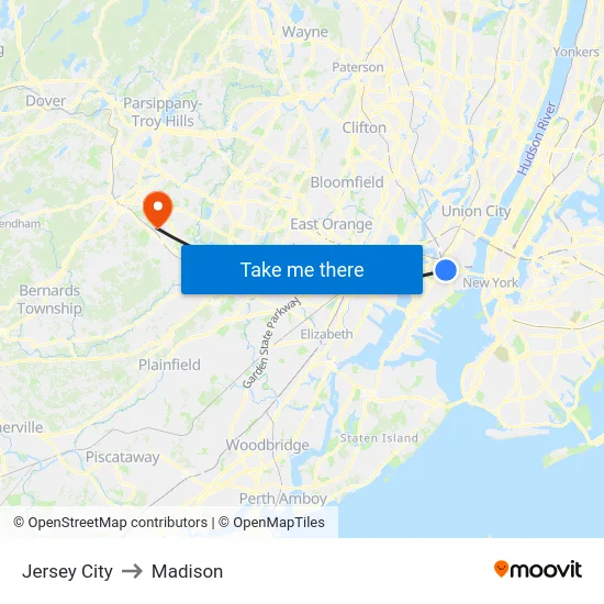 Jersey City to Madison map
