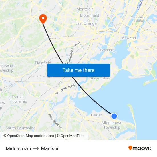 Middletown to Madison map