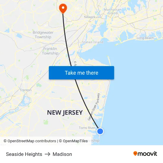 Seaside Heights to Madison map