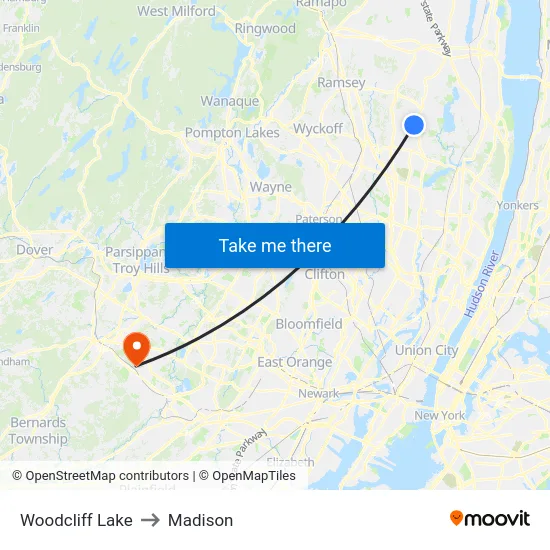 Woodcliff Lake to Madison map