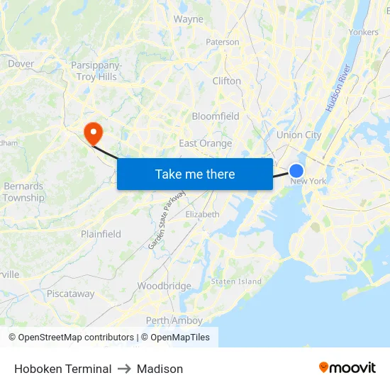 Hoboken Terminal to Madison map