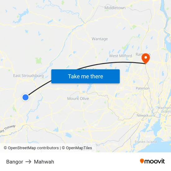 Bangor to Mahwah map