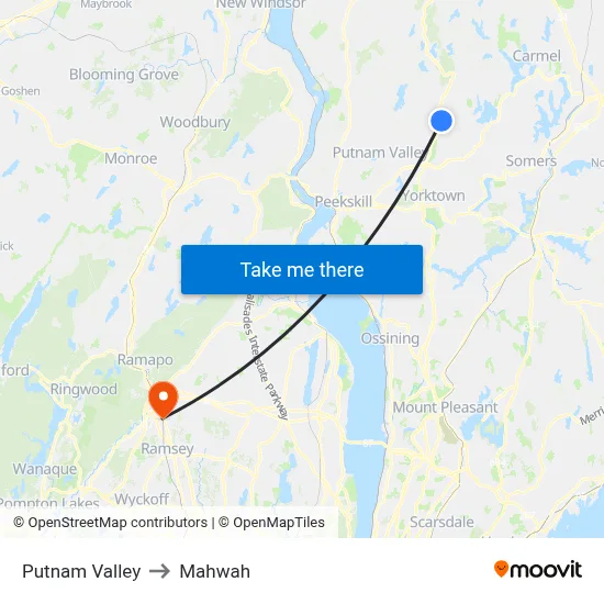 Putnam Valley to Mahwah map