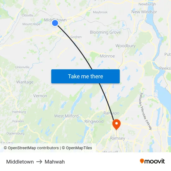 Middletown to Mahwah map