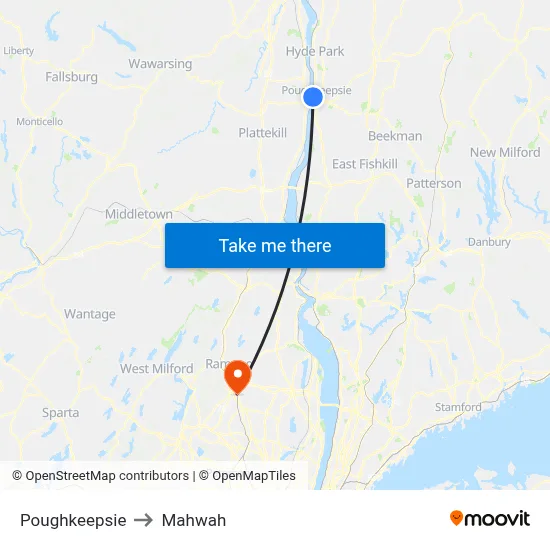 Poughkeepsie to Mahwah map