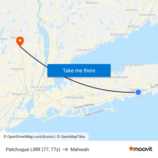 Patchogue LIRR (77, 77y) to Mahwah map