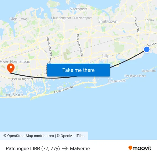 Patchogue LIRR (77, 77y) to Malverne map