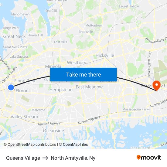 Queens Village to North Amityville, Ny map