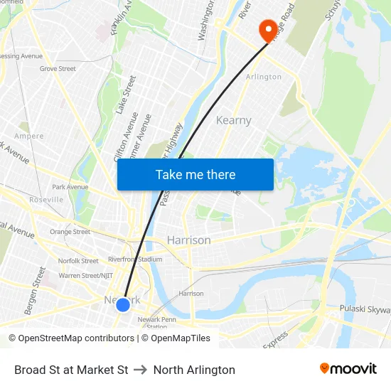 Broad St at Market St to North Arlington map