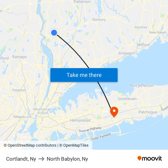 Cortlandt, Ny to North Babylon, Ny map