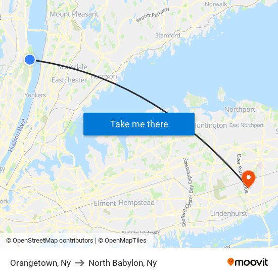 Orangetown, Ny to North Babylon, Ny map