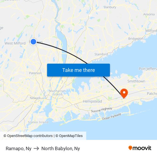 Ramapo, Ny to North Babylon, Ny map