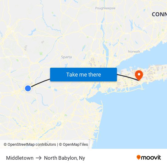 Middletown to North Babylon, Ny map