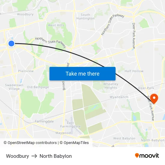 Woodbury to North Babylon map