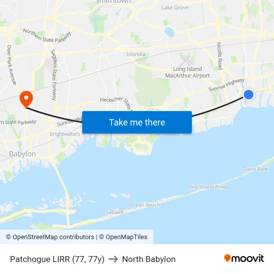 Patchogue LIRR (77, 77y) to North Babylon map