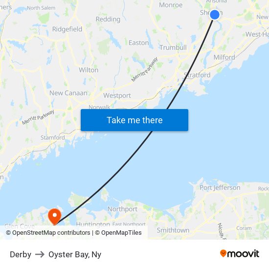 Derby to Oyster Bay, Ny map