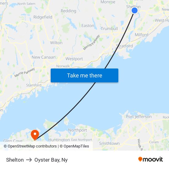 Shelton to Oyster Bay, Ny map