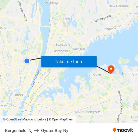 Bergenfield, Nj to Oyster Bay, Ny map