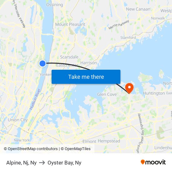 Alpine, Nj, Ny to Oyster Bay, Ny map