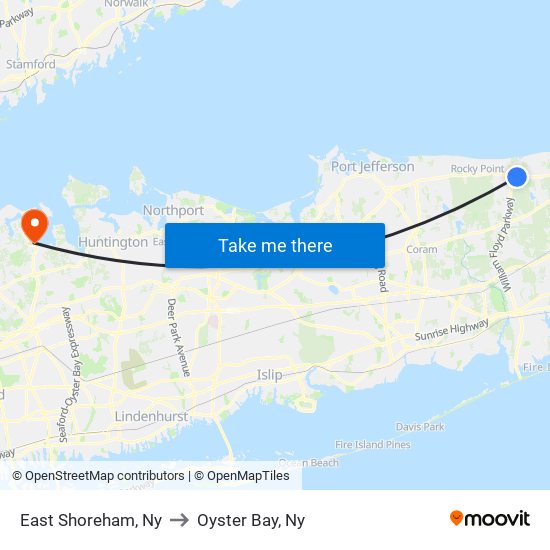 East Shoreham, Ny to Oyster Bay, Ny map