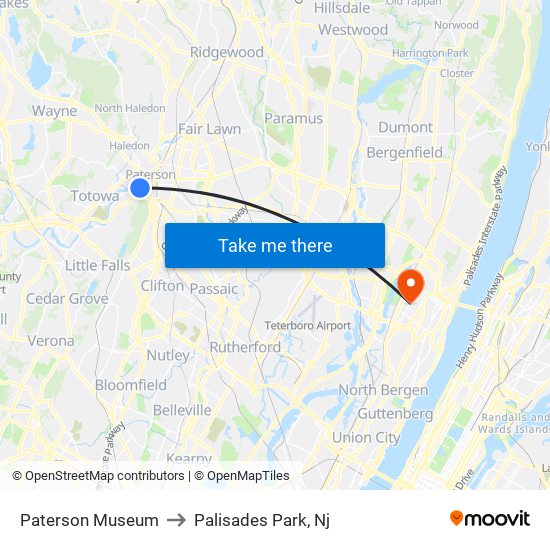 Paterson Museum to Palisades Park, Nj map