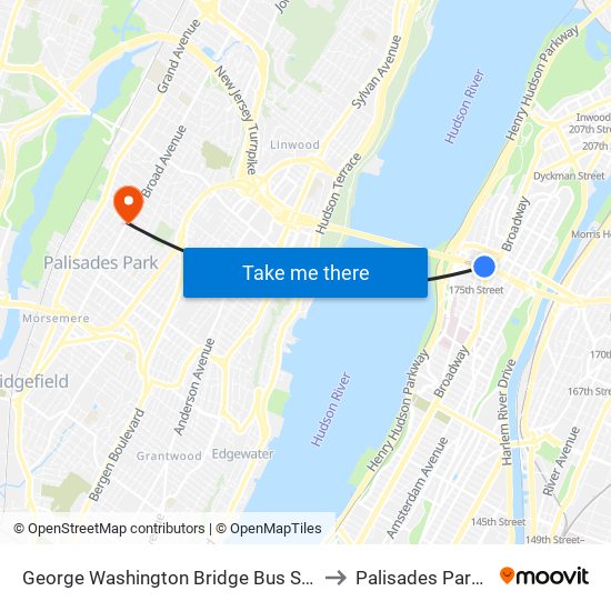 George Washington Bridge Bus Station to Palisades Park, Nj map