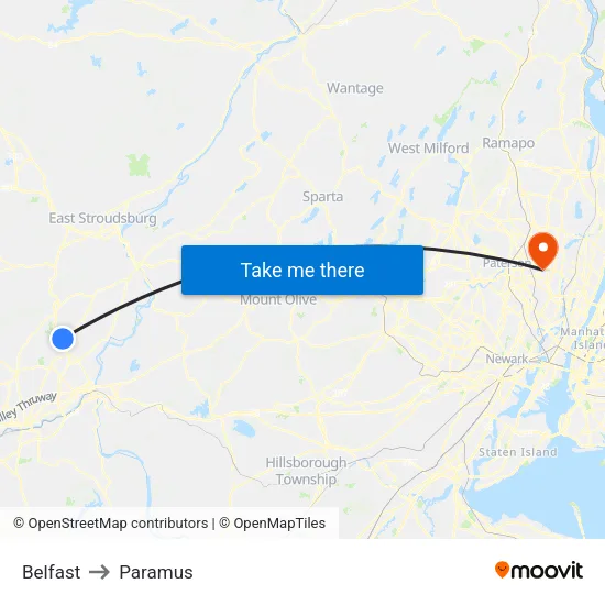 Belfast to Paramus map