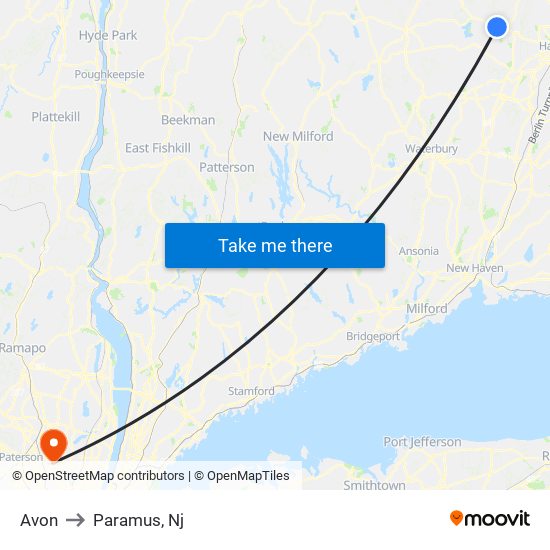 Avon to Paramus, Nj map