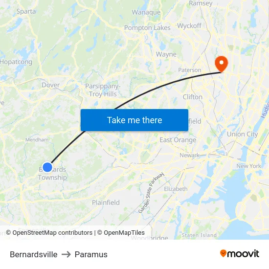 Bernardsville to Paramus map