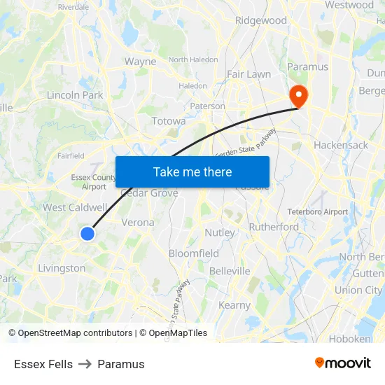Essex Fells to Paramus map