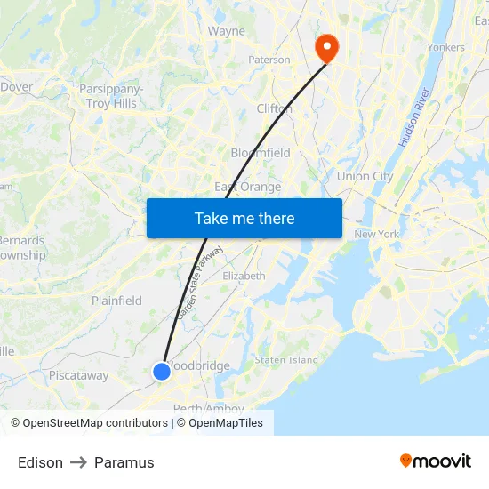 Edison to Paramus map