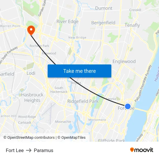 Fort Lee to Paramus map