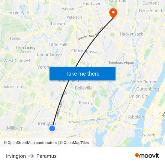 Irvington to Paramus map