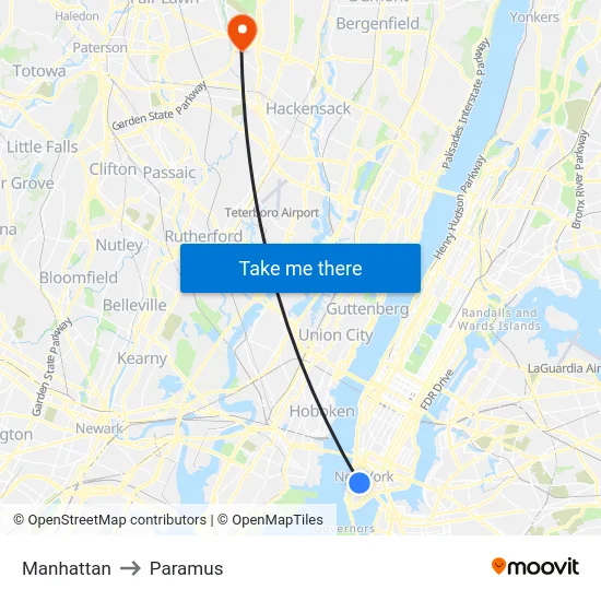 Manhattan to Paramus map