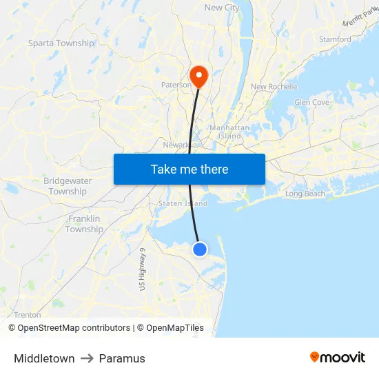 Middletown to Paramus map