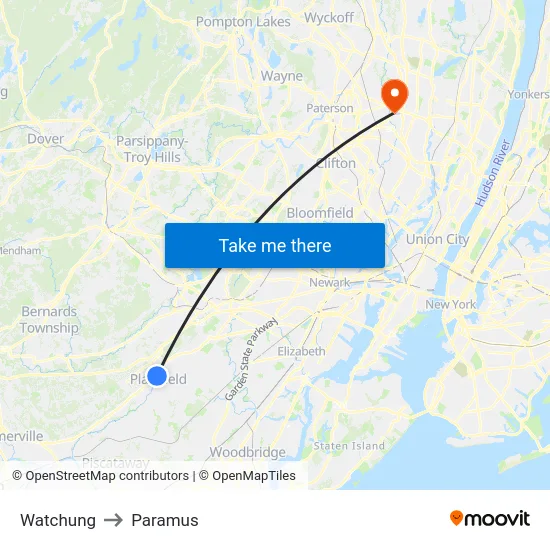 Watchung to Paramus map