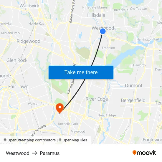 Westwood to Paramus map
