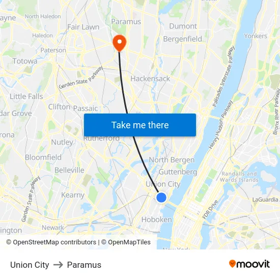 Union City to Paramus map