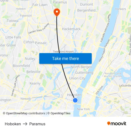 Hoboken to Paramus map