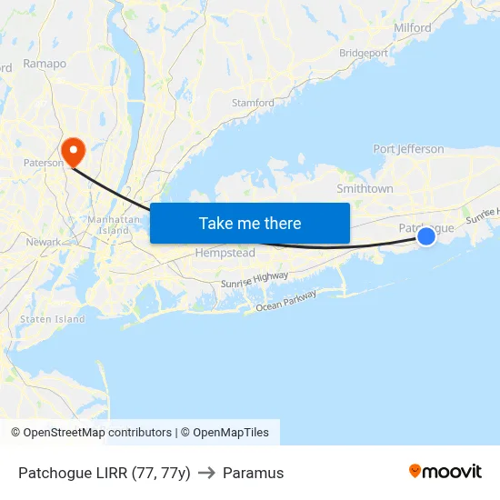Patchogue LIRR (77, 77y) to Paramus map